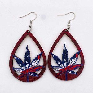 Independence Day 4th Of July Wooden 420 Teardrop Shaped Ear Rings Patriotic